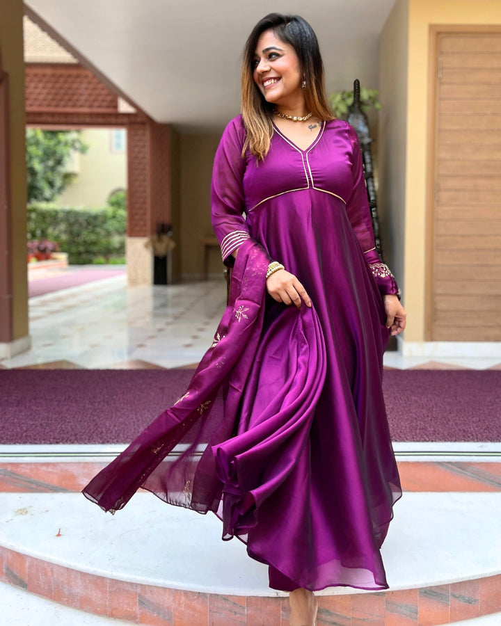 Purple Chinon Anarkali Suit with Dupatta - Set of 3