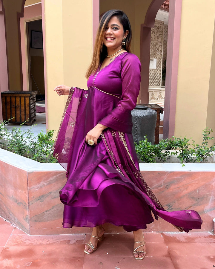 Purple Chinon Anarkali Suit with Dupatta - Set of 3