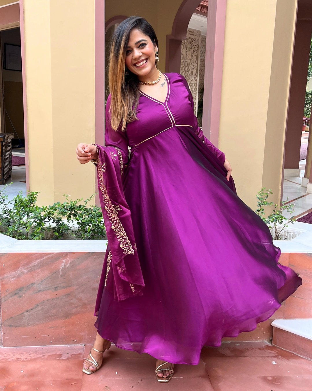 Purple Chinon Anarkali Suit with Dupatta - Set of 3