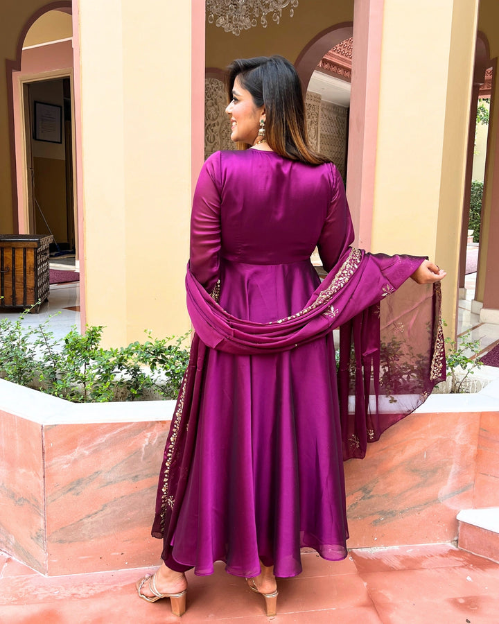 Purple Chinon Anarkali Suit with Dupatta - Set of 3