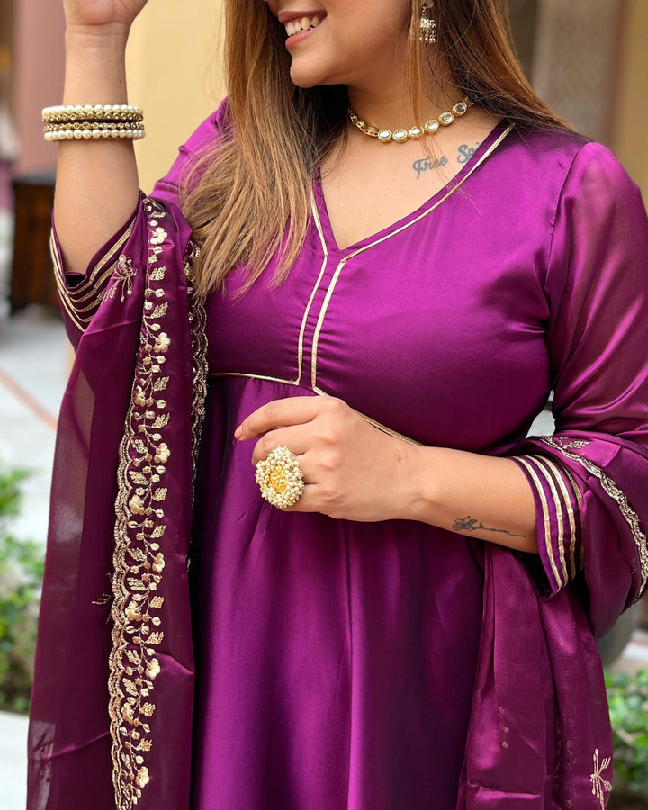 Purple Chinon Anarkali Suit with Dupatta - Set of 3