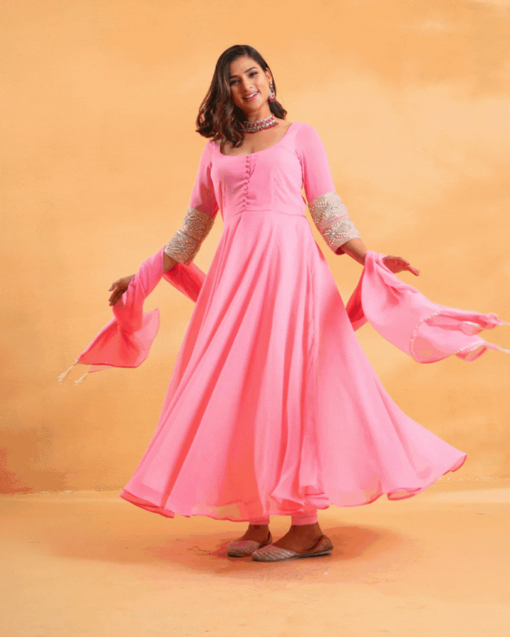 Rose Pink Solid Anarkali Kurta For Women