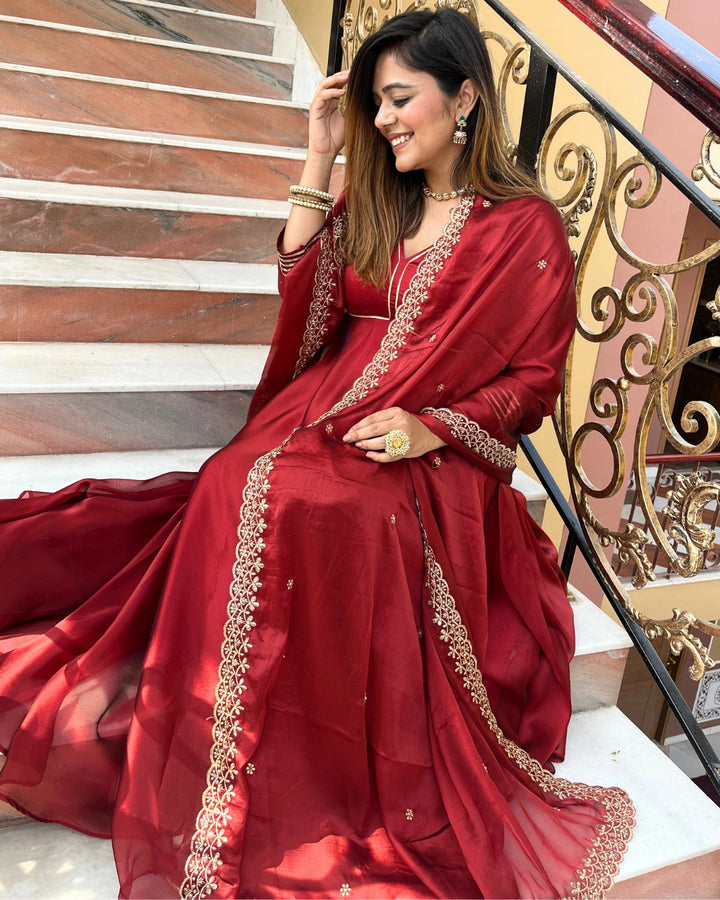 Ruhani Red Anarkali Suit with Dupatta - Set of 3