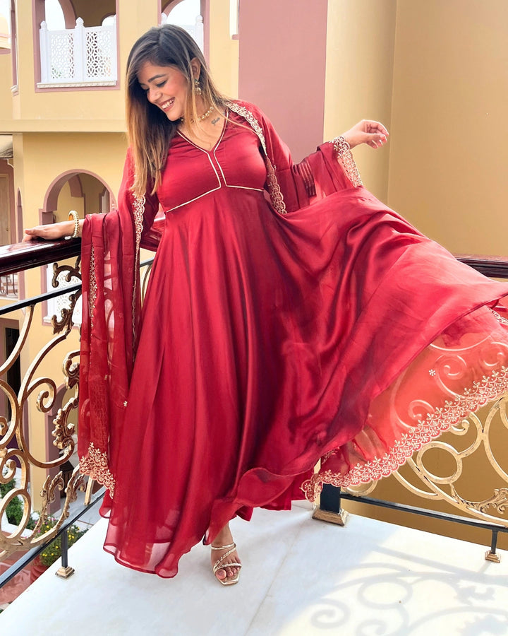 Ruhani Red Anarkali Suit with Dupatta - Set of 3