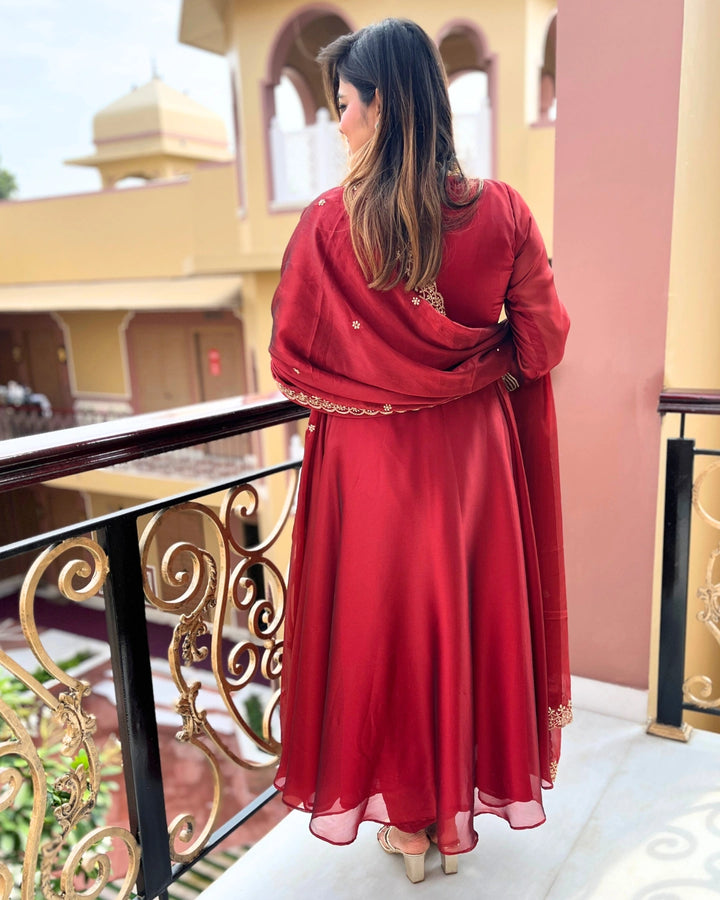 Ruhani Red Anarkali Suit with Dupatta - Set of 3
