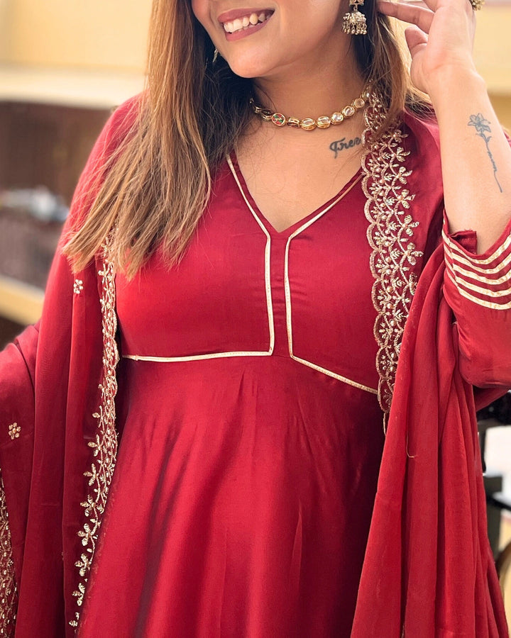 Ruhani Red Anarkali Suit with Dupatta - Set of 3