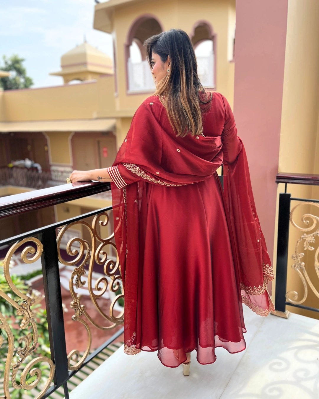 Ruhani Red Anarkali Suit with Dupatta - Set of 3