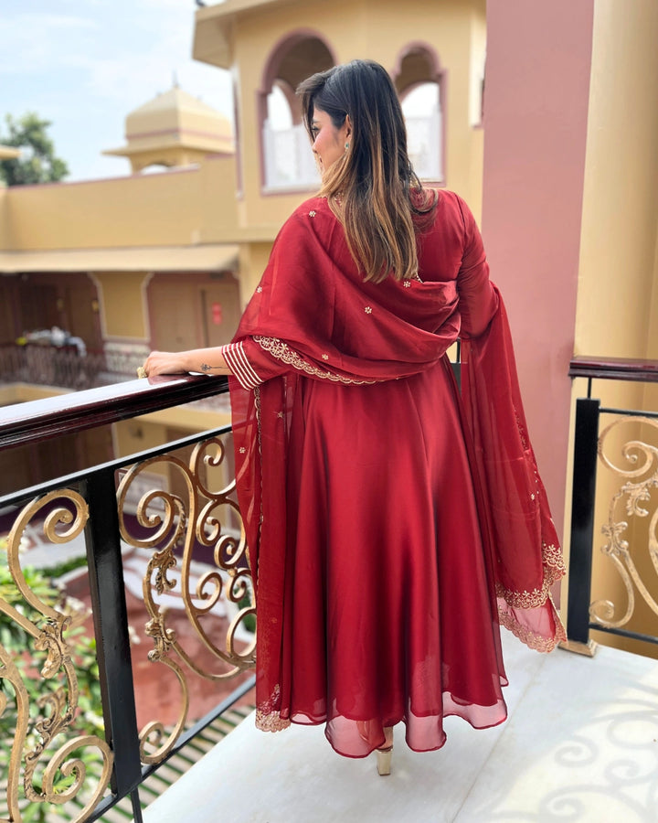 Ruhani Red Anarkali Suit with Dupatta - Set of 3