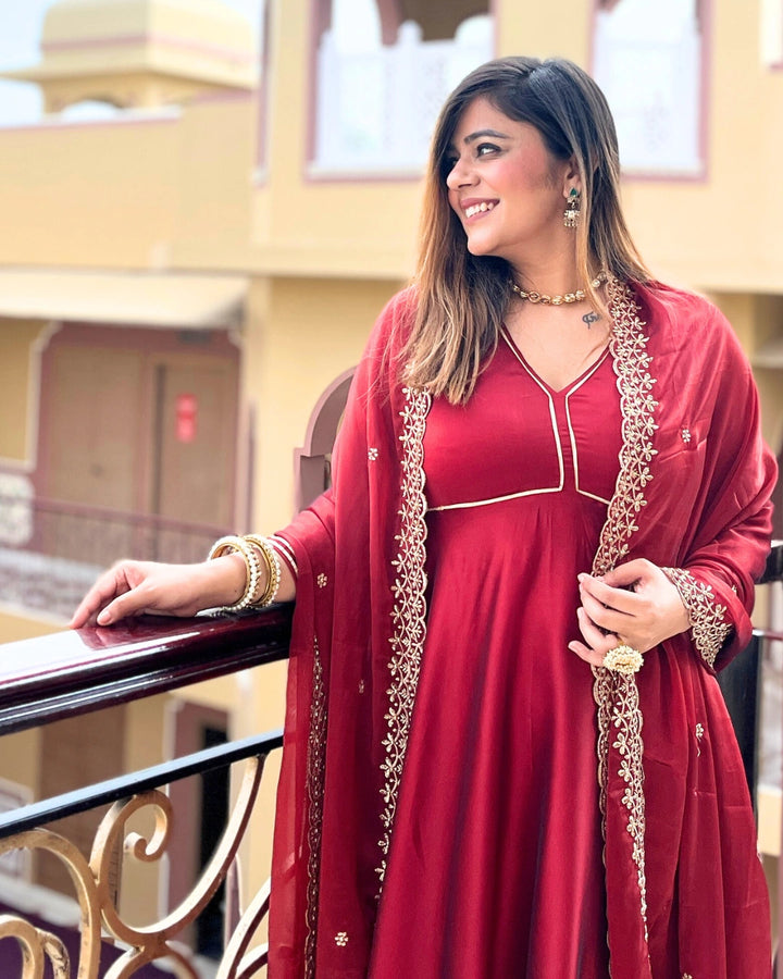 Ruhani Red Anarkali Suit with Dupatta - Set of 3