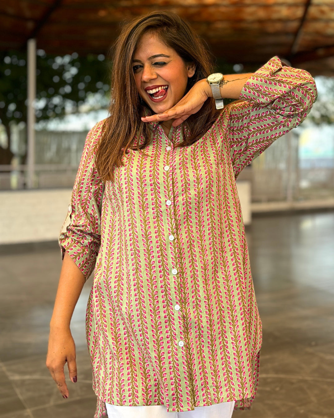 Sage Green Printed Long Cotton Aline Shirt The Svaya