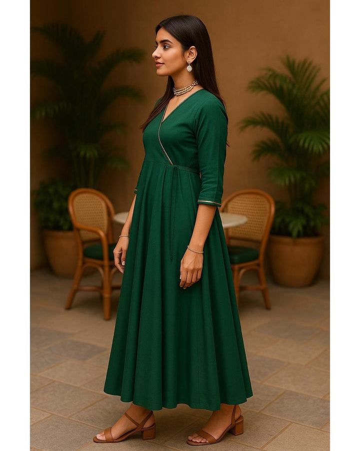 Bottle Green Cotton Angrakha Kurta