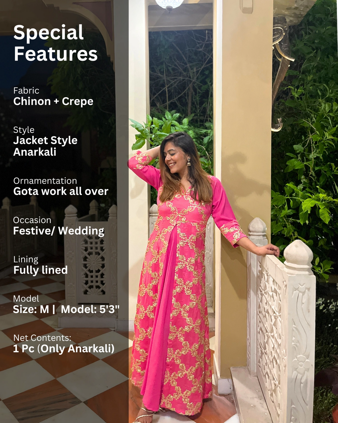Soft Pink Gota Embroidered Anarkali Dress For Women