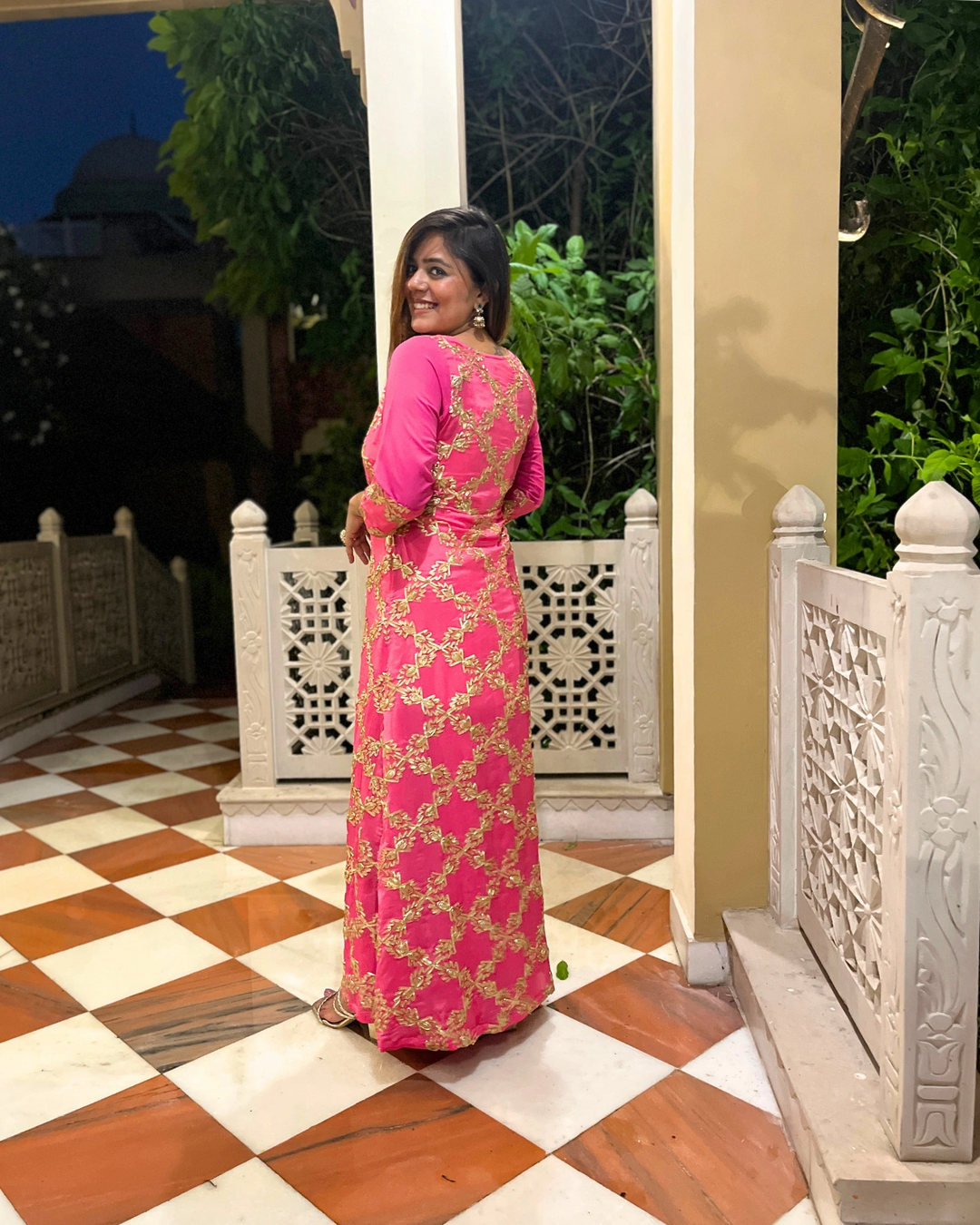 Soft Pink Gota Embroidered Anarkali Dress For Women