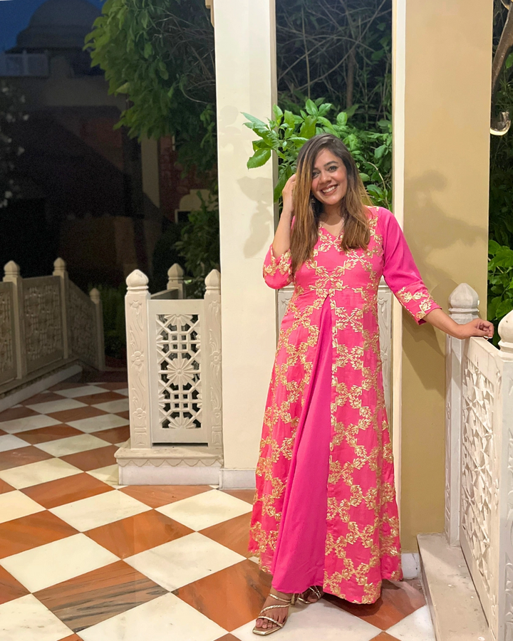 Soft Pink Gota Embroidered Anarkali Dress For Women