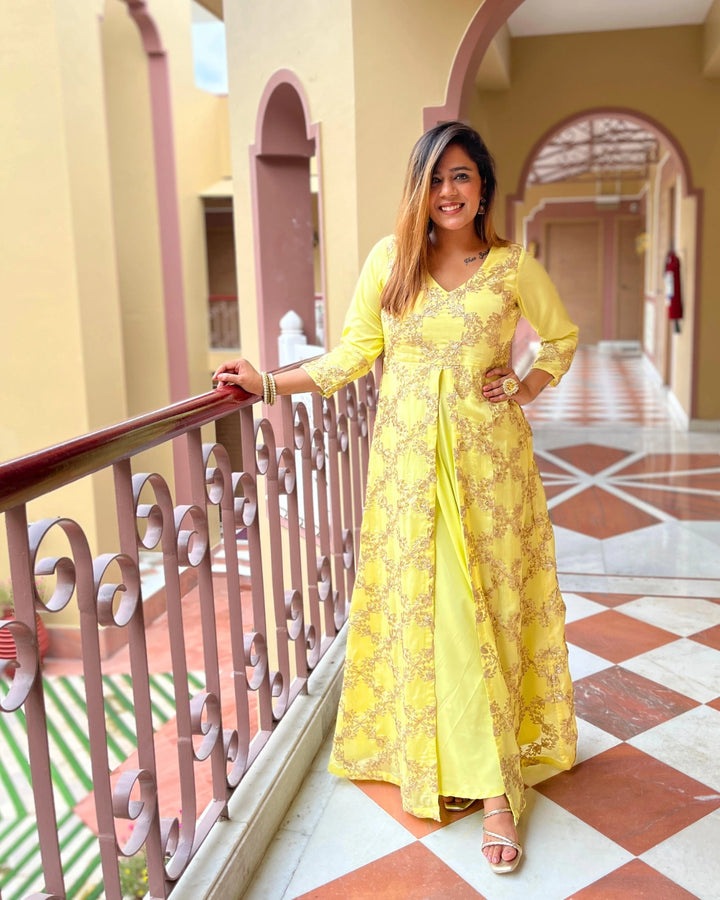 Soft Yellow Gota Embroidered Anarkali Dress For Women