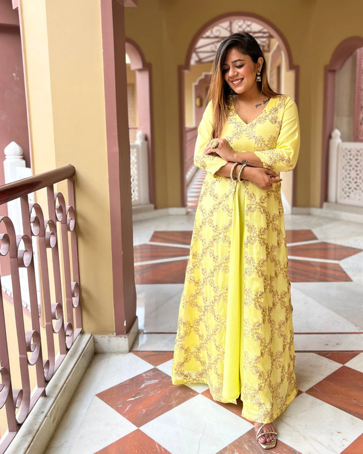 Soft Yellow Gota Embroidered Anarkali Dress For Women
