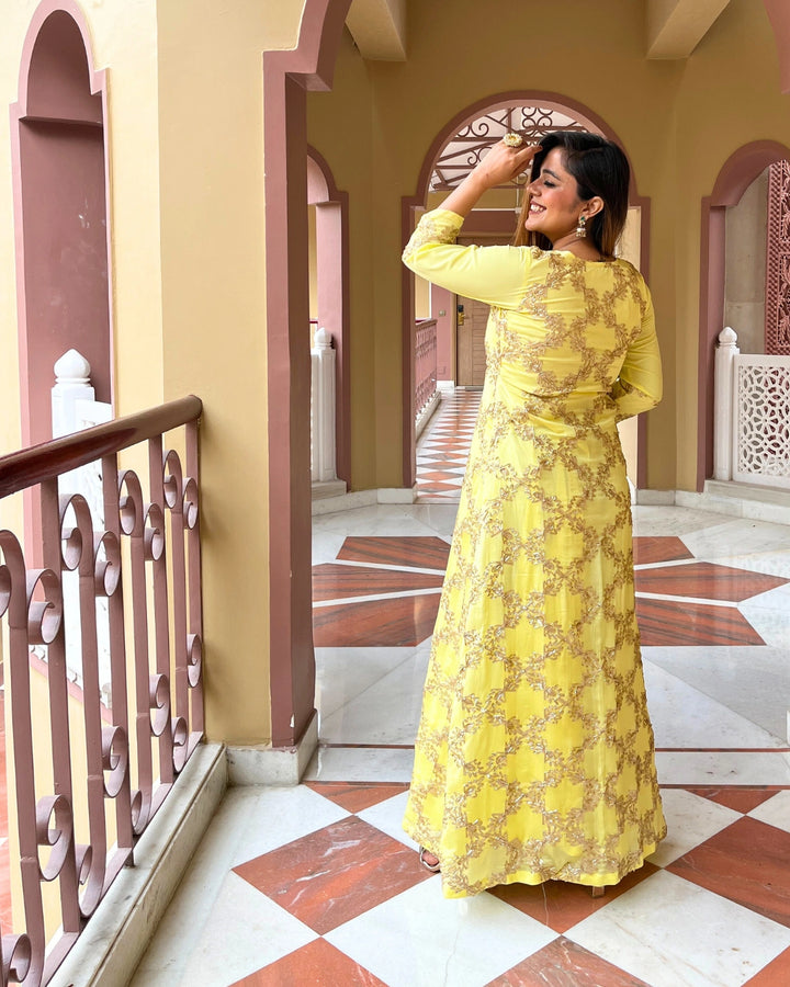 Soft Yellow Gota Embroidered Anarkali Dress For Women