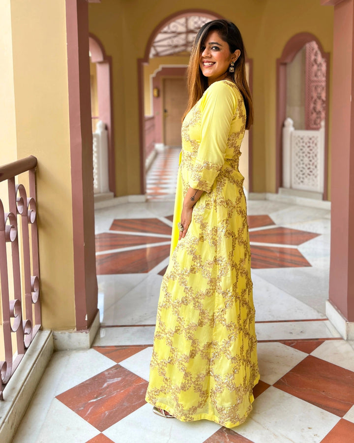 Soft Yellow Gota Embroidered Anarkali Dress For Women