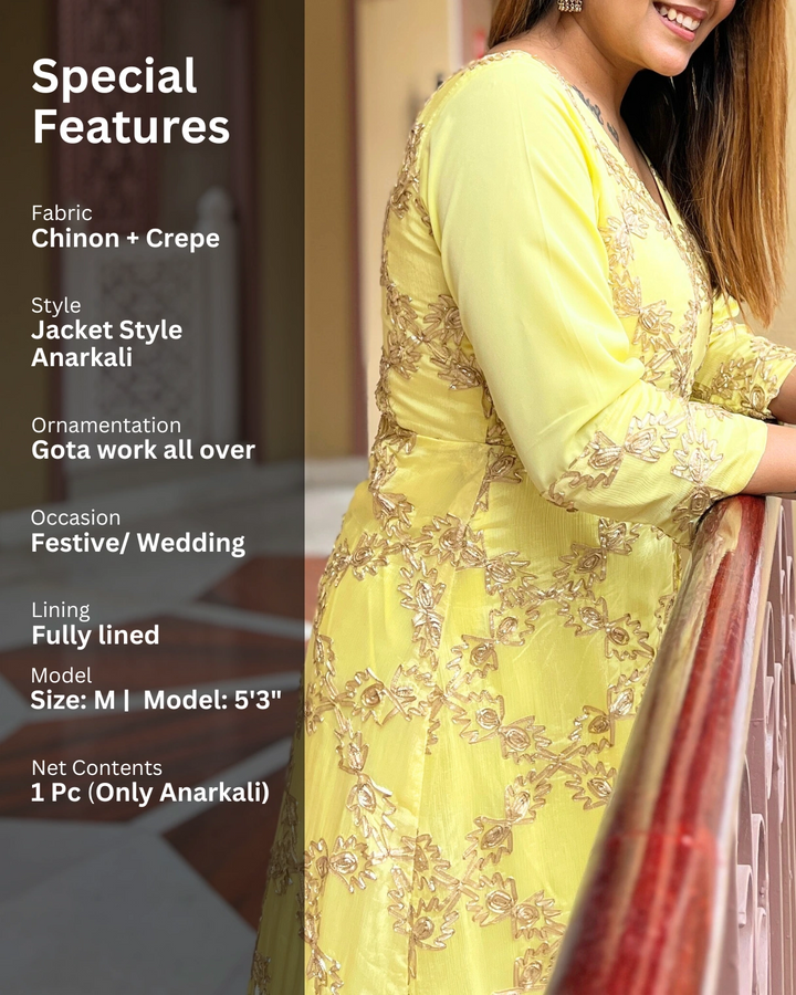 Soft Yellow Gota Embroidered Anarkali Dress For Women