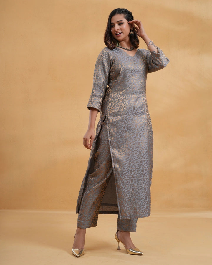 Zoya Grey Silk Kurta & Pants - Set Of 2