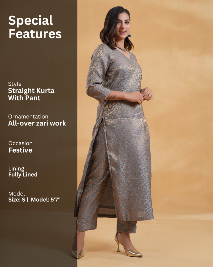Zoya Grey Silk Kurta & Pants - Set Of 2