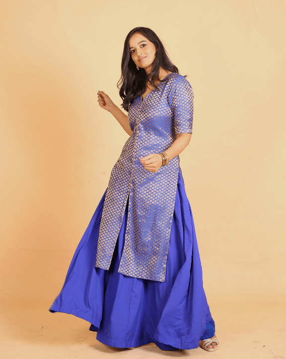Royal Blue Brocade Kurta & Skirt For Women - Set of 2