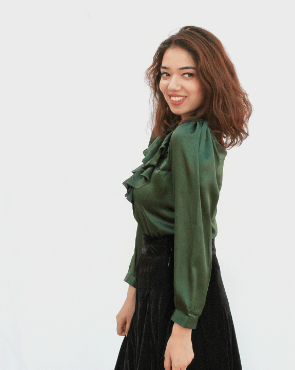 Emerald Frilled Blouse With Velvet Skirt