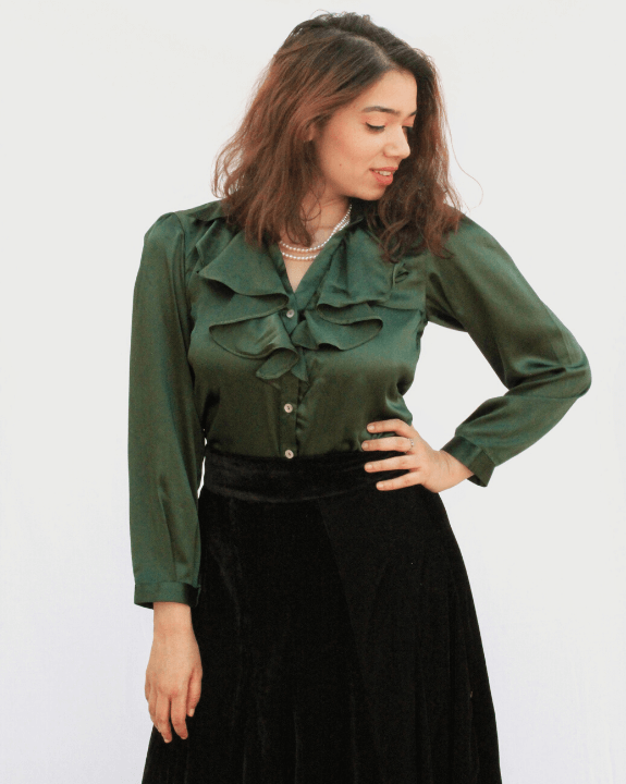 Emerald Frilled Blouse With Velvet Skirt