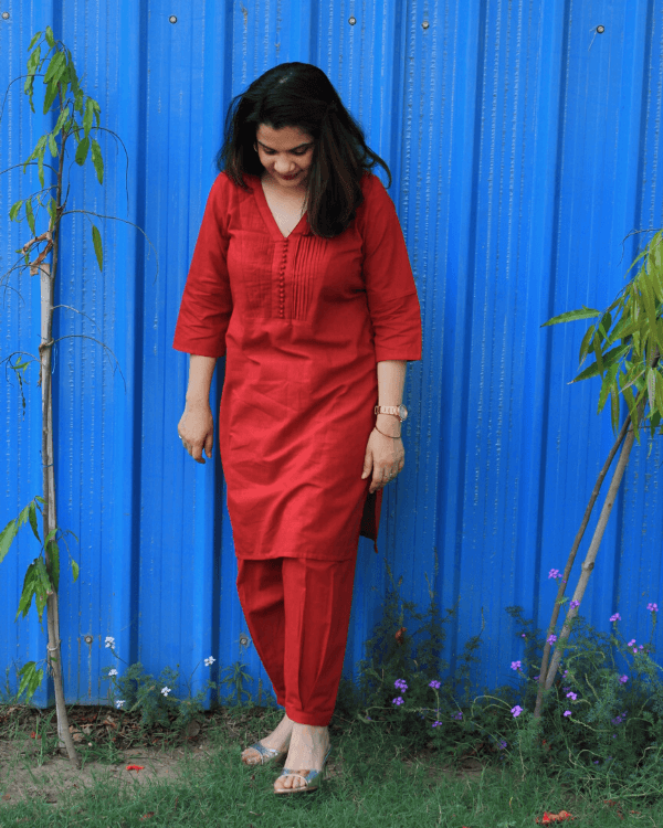 Solid Red Short Kurta With Salwar - Set of 2