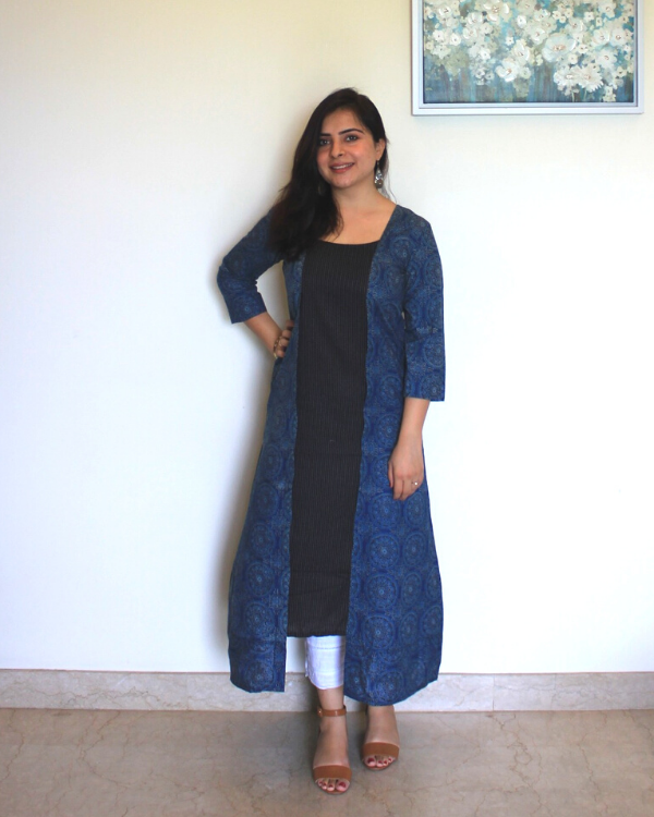 Women's Blue Ajrakh Kantha Jacket Kurta
