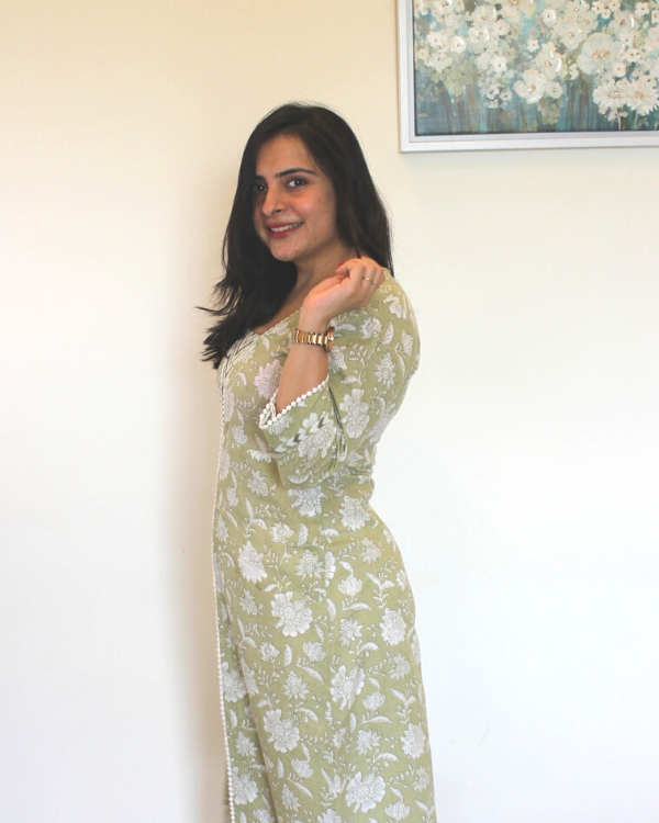 Floral Printed Aline Kurta In Olive For Women