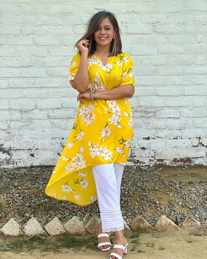 Yellow Floral Printed High Low Tunic