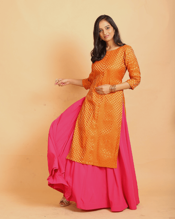 Order Vichitra Silk Alia Cut Kurti With Brocade Yolk (Orange) Online From  Krazy Beads