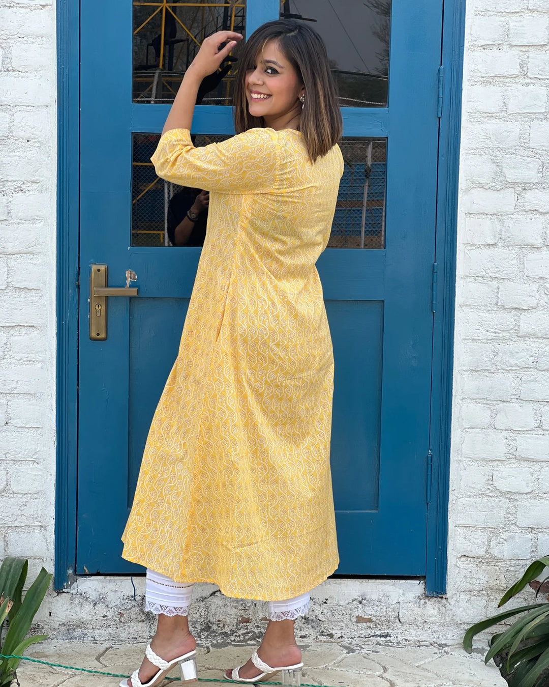 Women's Yellow A-Line Cotton Kurta With Pants – Set of 2