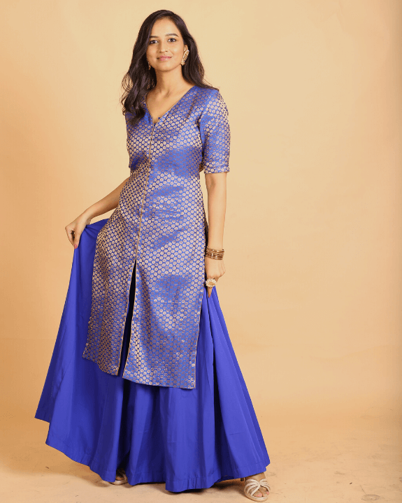 Royal Blue Brocade Kurta & Skirt For Women - Set of 2