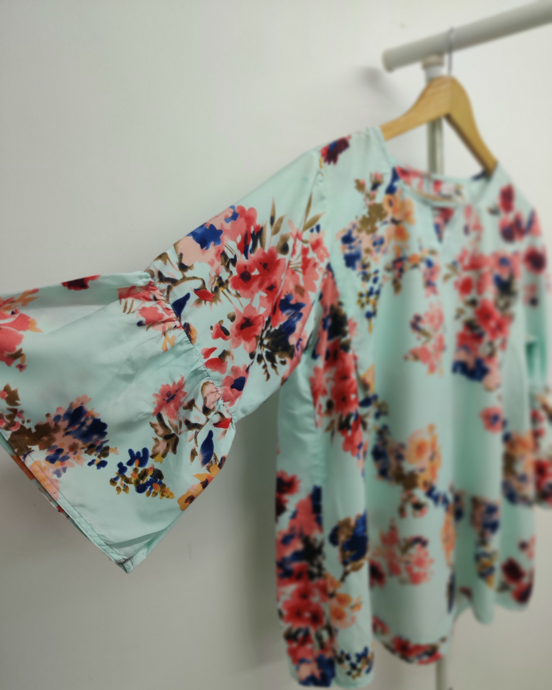 Aqua Blue Floral Printed Top With Sleeve Detailing