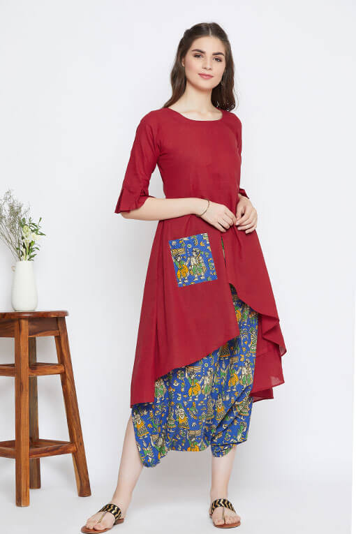 Red cotton kurta set of two with blue cowl pants