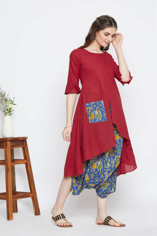 A fusion red and blue fusion set for women in Indian textiles