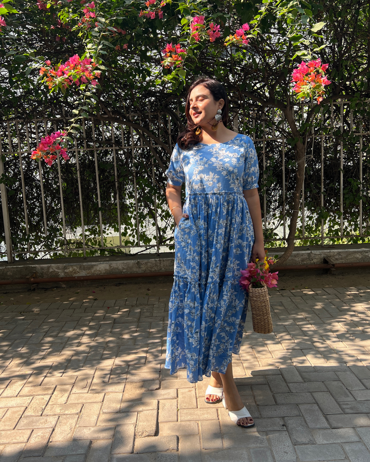 Azure Floral Tiered Cotton Maxi Dress