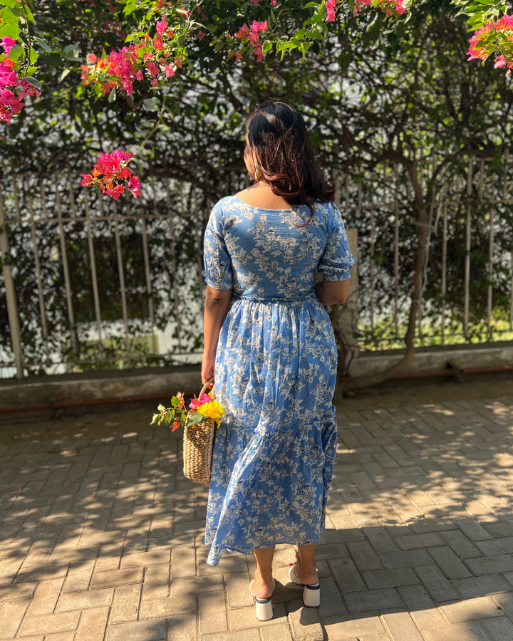 Azure Floral Tiered Cotton Maxi Dress