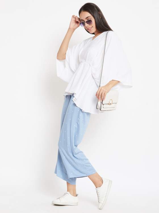 Pleated White Top With Powdered Blue Pants