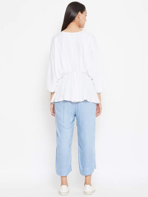 Pleated White Top With Powdered Blue Pants