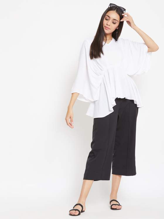 Pleated White Top with Black Pants Set