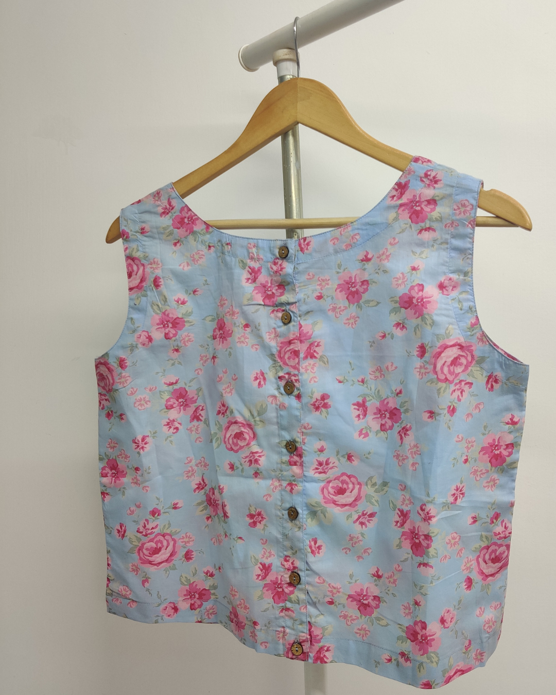 Blue Cotton Sleeveless Top With Back Button Detailing 