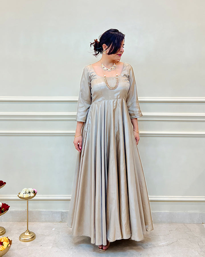 Beige Silk Swirl-Worthy Long Dress