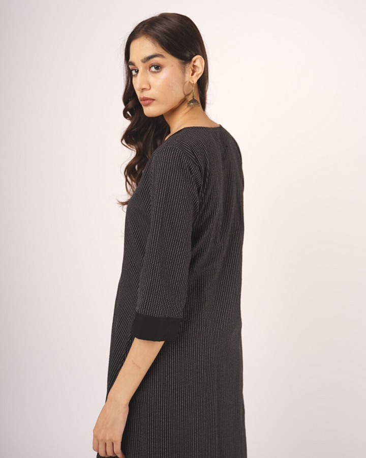 Black Cotton Katha Jacket With Elbow Length Sleeves