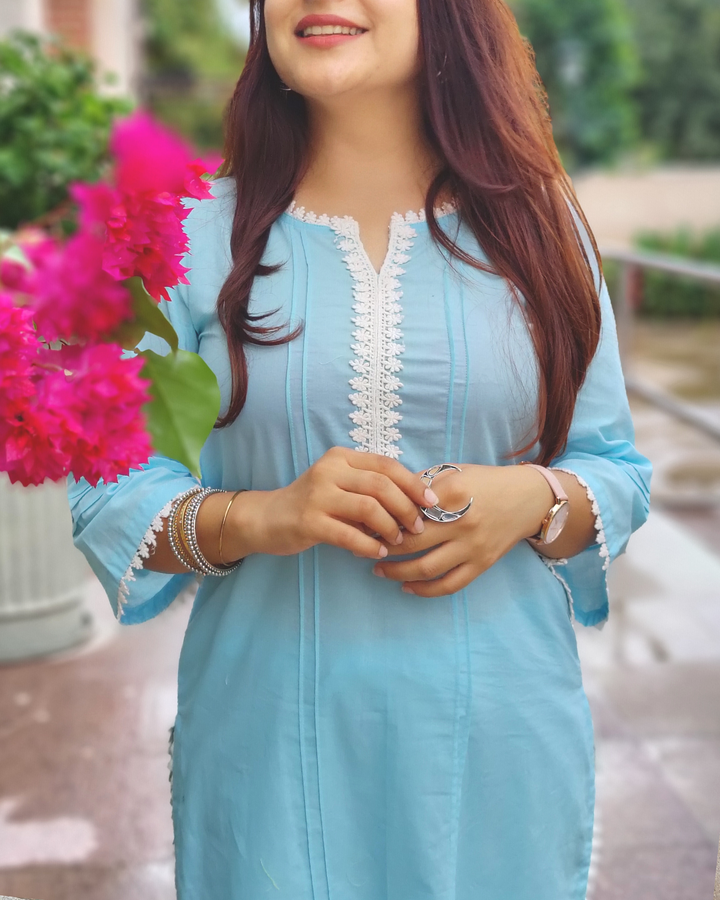 Bree Blue Cotton Kurta With Laced Salwar