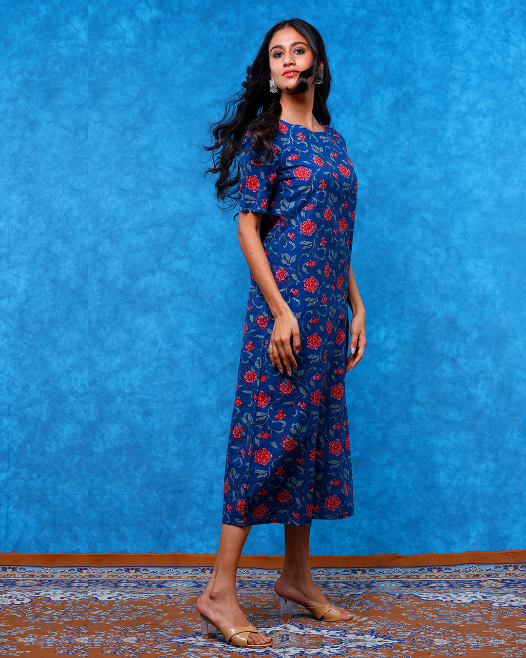 Deep Blue Floral Printed Straight Fit Midi Dress