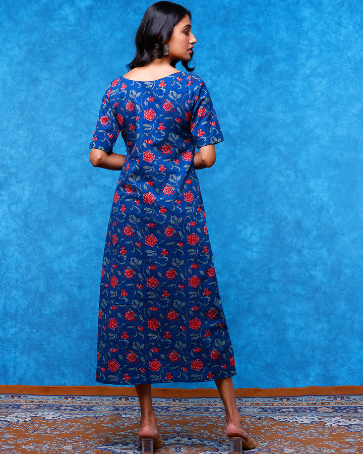 Deep Blue Floral Printed Straight Fit Midi Dress
