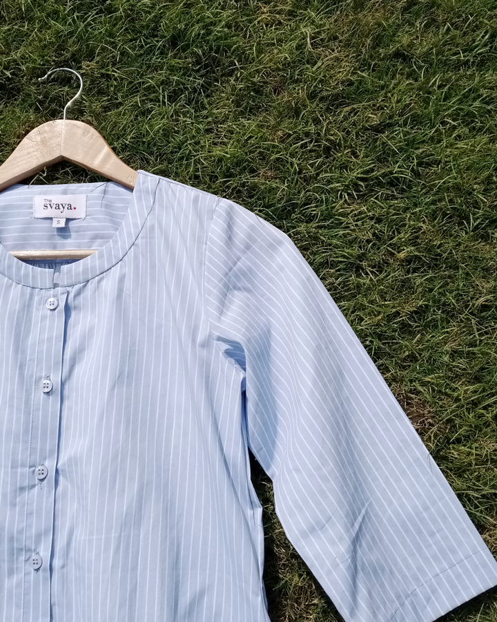 Blue Stripes Long Shirt With 3/4 Sleeves